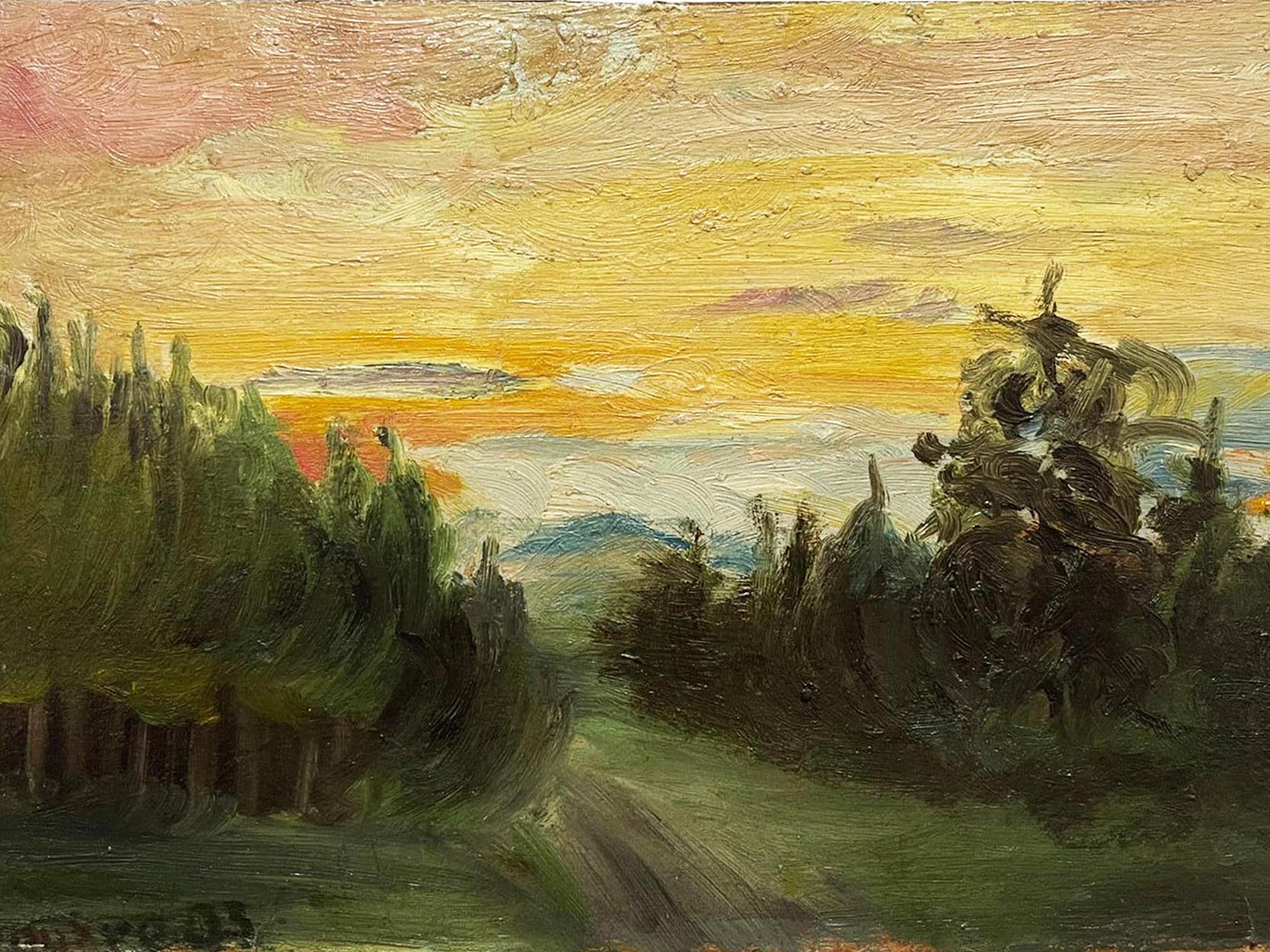 EARLY 20TH C. EVENING LANDSCAPE OIL PAINTING PIC-1